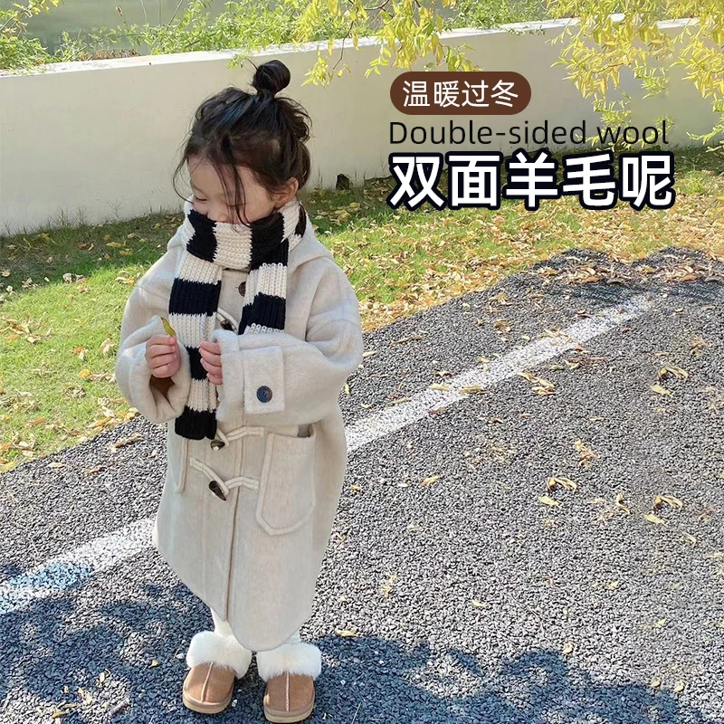 AnnieGirl冬季新款连帽长款双面呢羊毛气质牛角扣大衣呢外套女童