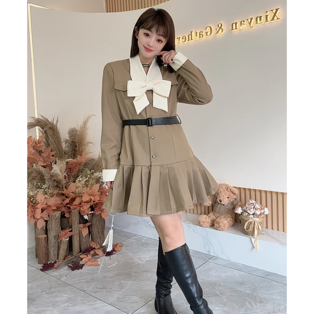 【鑫焱甄选】短裙褶皱百褶裙连衣裙外套秋季制服海军气质