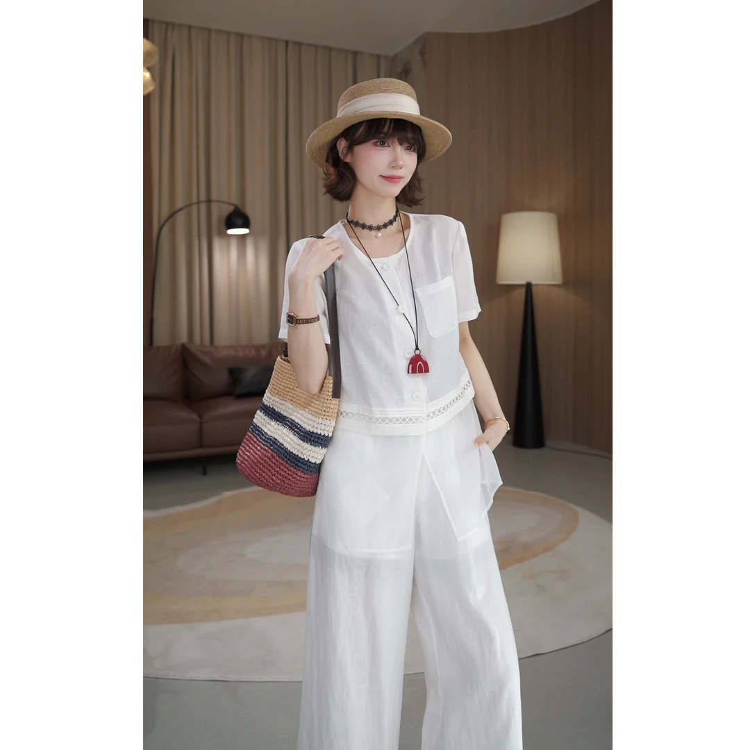 少量【薇薇绮】时尚天丝亚麻单排扣拼纱上衣搭九分直筒裤套装D792