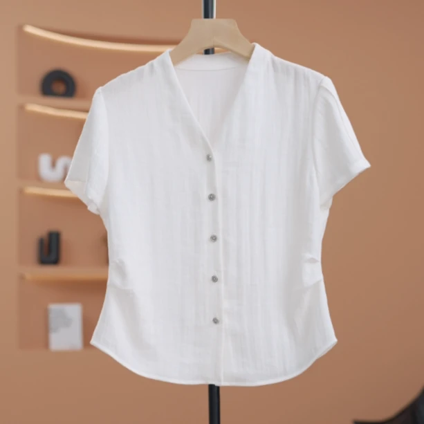 【天丝+亚麻】【荣荣W】休闲宽松法式小众上衣V领短袖白衬衣-Y17501