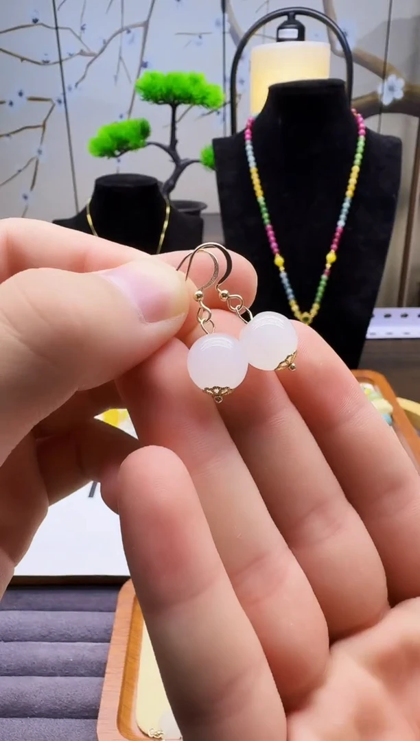 和田玉14K金镶嵌耳饰E118