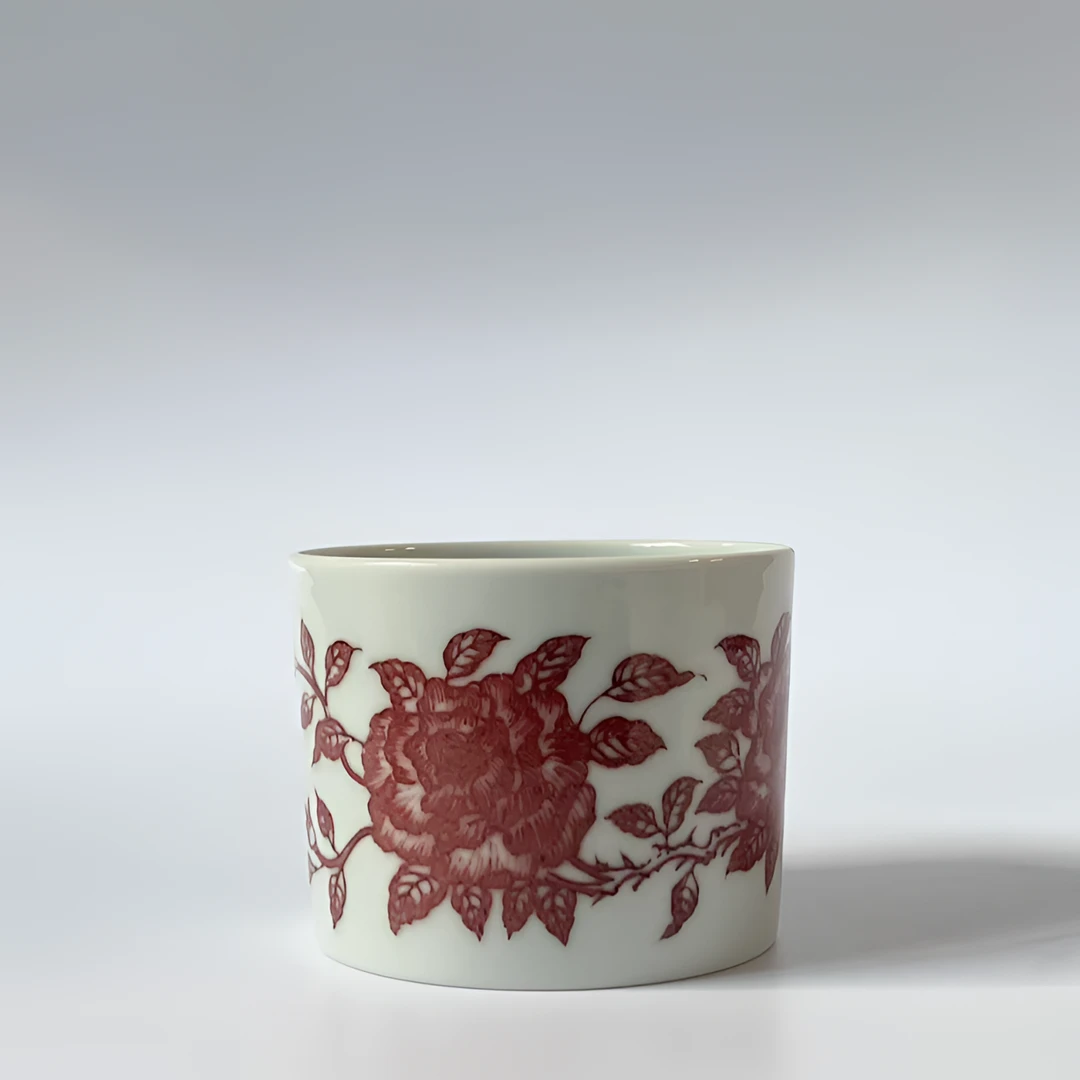 釉里红牡丹纹直桶杯单杯景德镇陶瓷手工手绘高端品茗杯