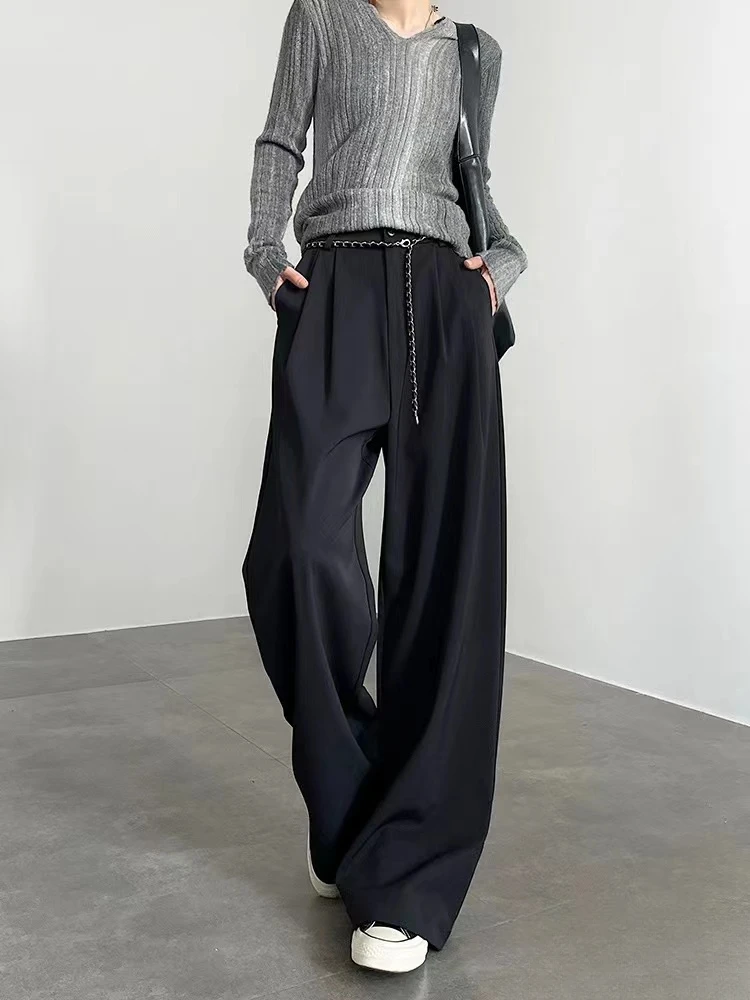 高级感褶皱松紧腰垂感高腰西装拖地阔腿休闲裤（E9-2)0089