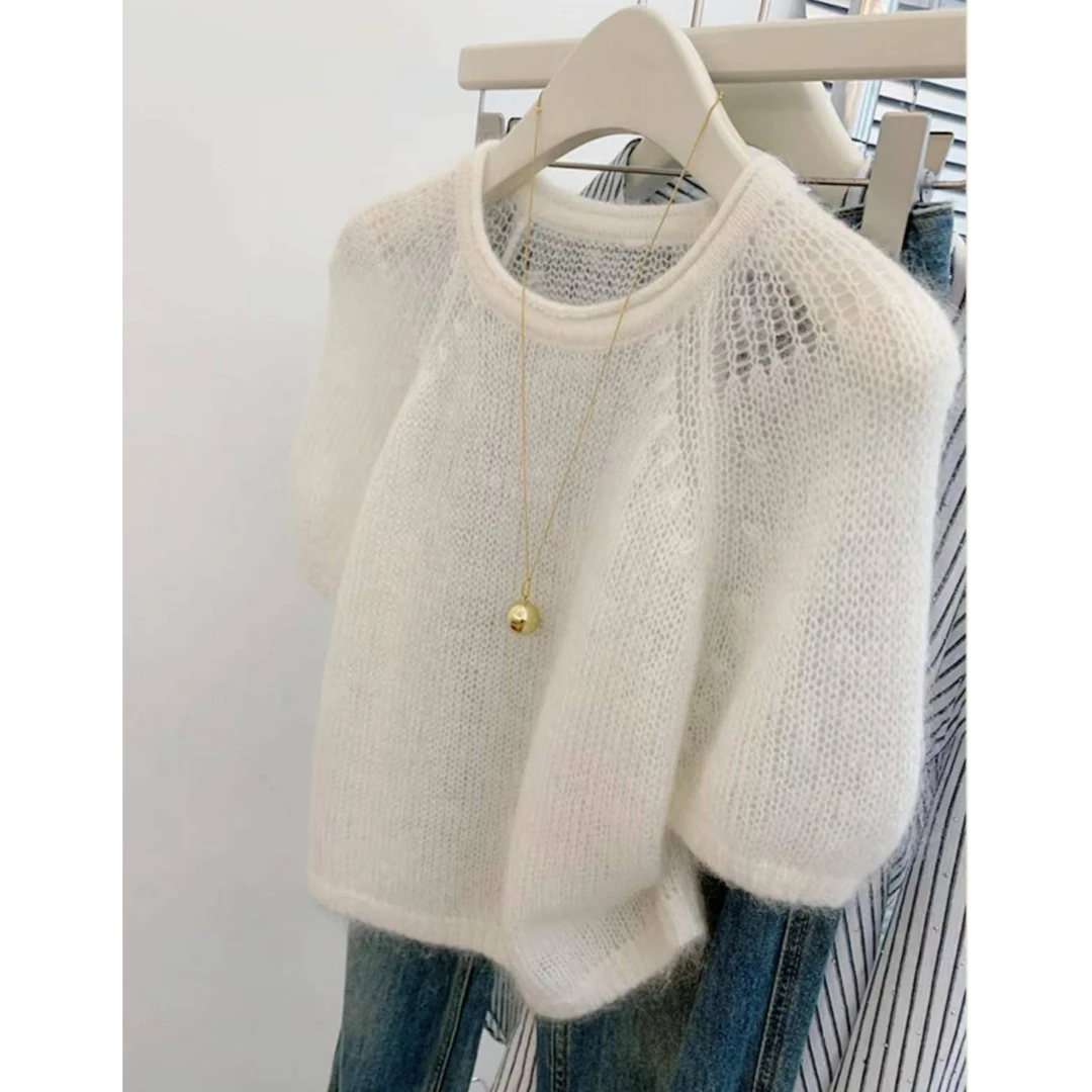 【镂空泡泡短袖】圆领镂空泡泡短袖马海软糯针织T恤1336