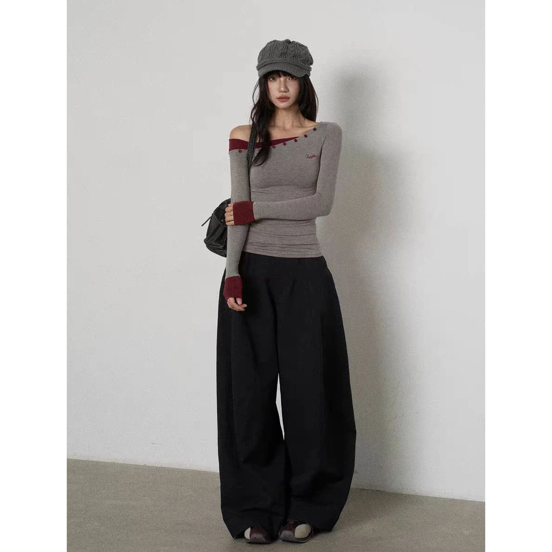 美式辣妹斜领露肩长袖T恤+春夏时尚简约百搭阔腿气球裤Z 9213#