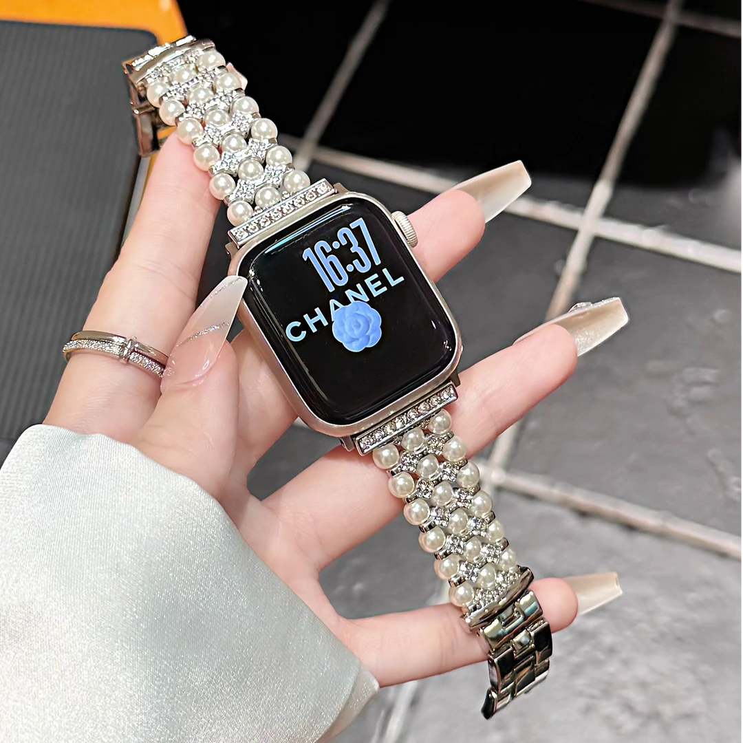 小香风珍珠镶钻金属表带适用applewatch10苹果iwatch9876代SE女款