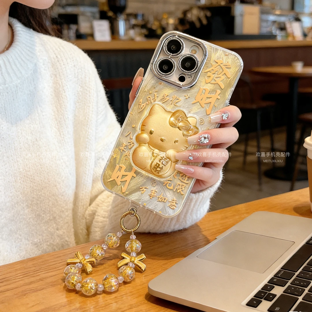 新年羽纱发财招财立体kitty手机壳适用苹果华为oppo/vivo小米挂链