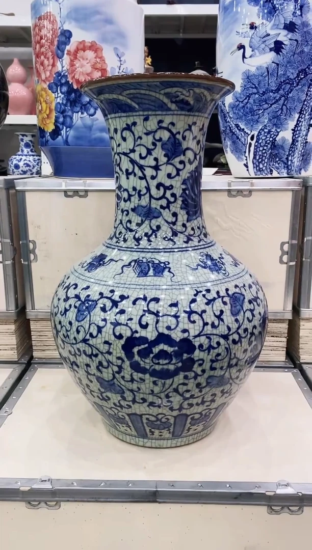 摆件青花开片裂纹釉56*35+旋转底座