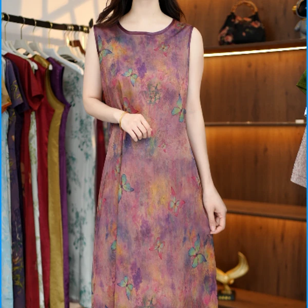 新款紫色蝶恋花无袖夏天连衣裙1621