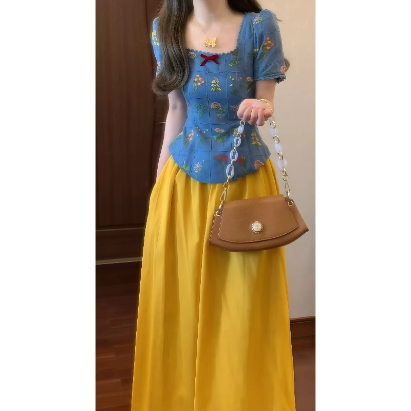 【油画少女】法式复古绝美刺绣方领泡泡袖上衣+黄色半身裙套装9664