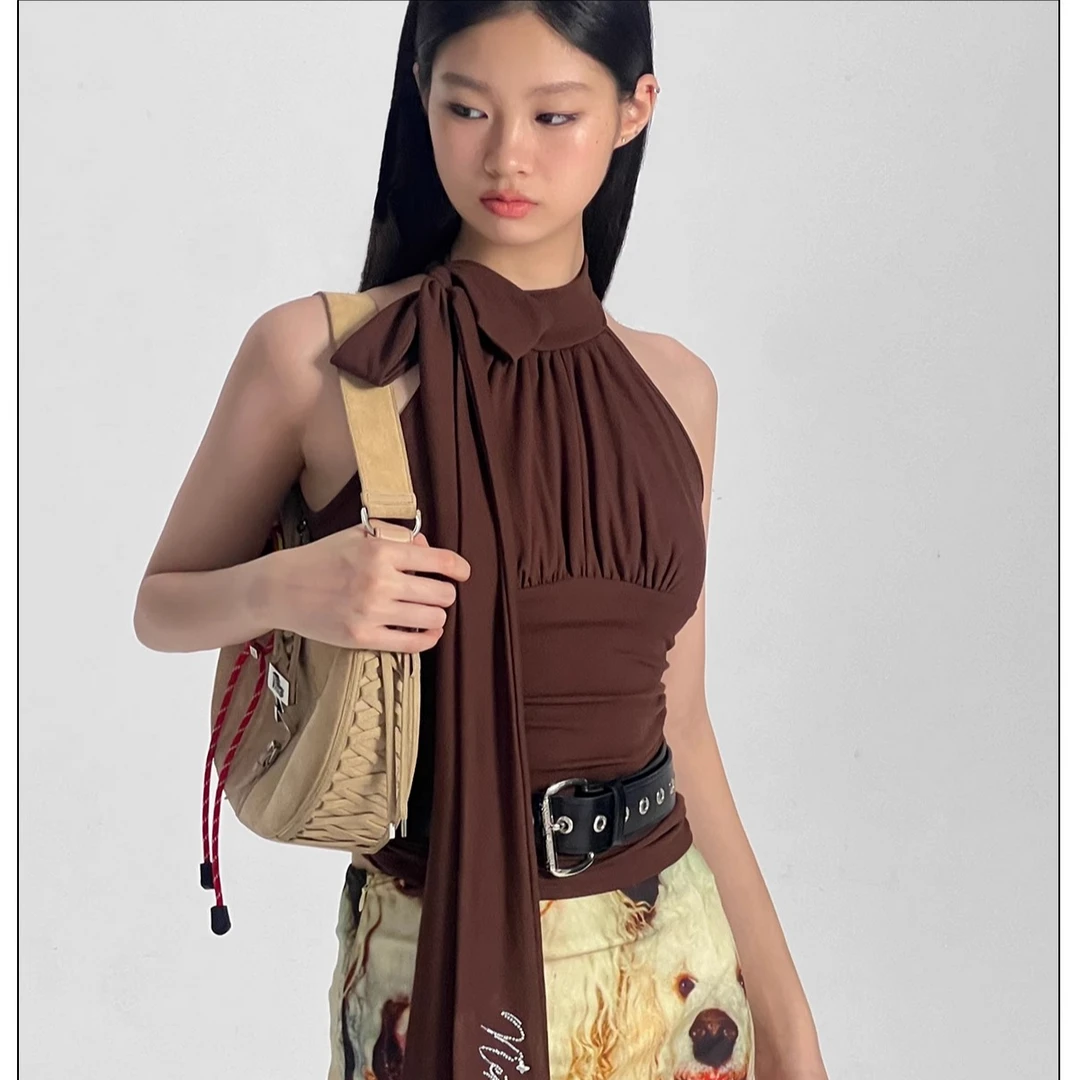 【自播】NP 棕色针织绑带抽褶无袖上衣 褶皱紧身无袖飘带上衣