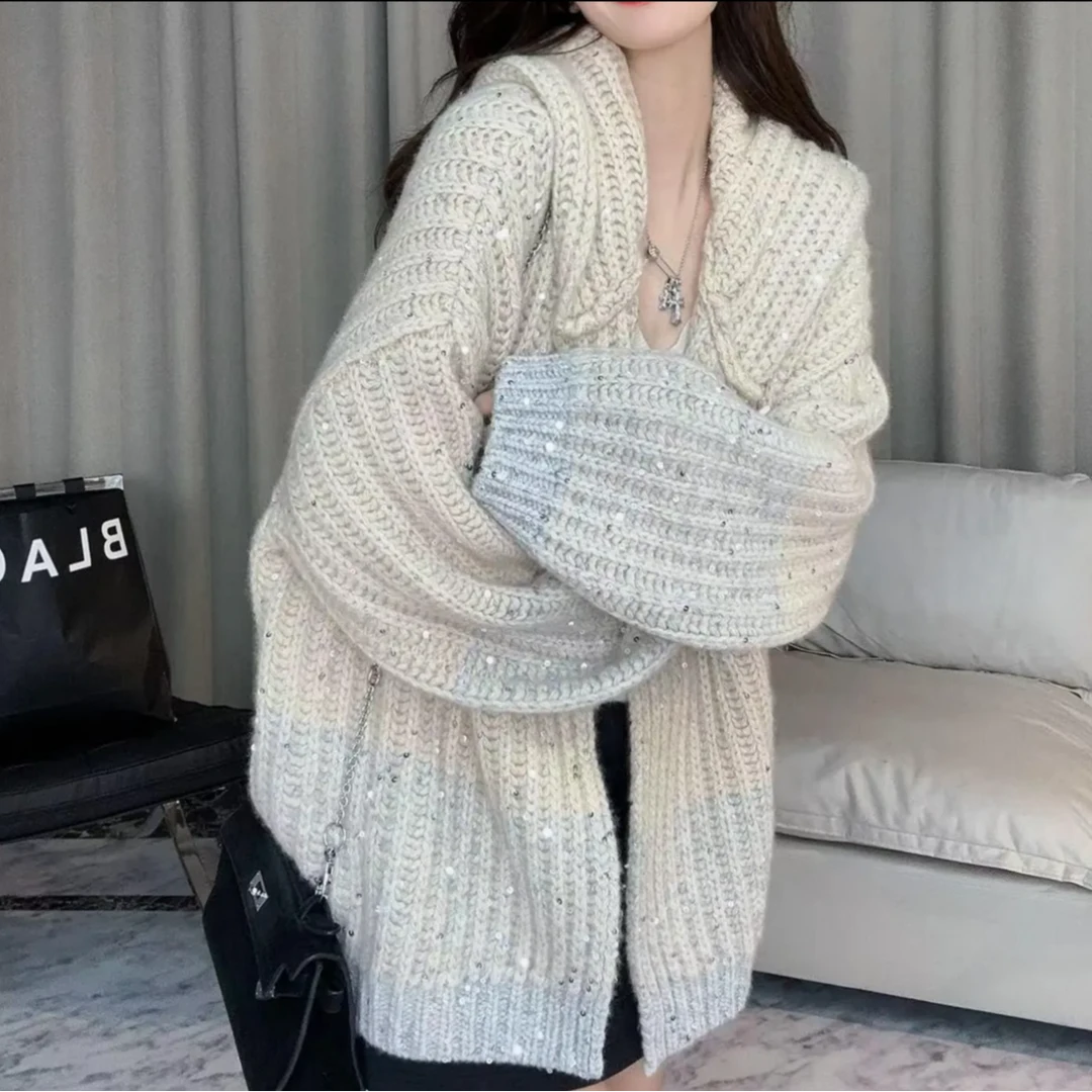 【100%山羊绒拉绒】230567意大利顶奢全身粗针珠片撞色条纹连帽外套