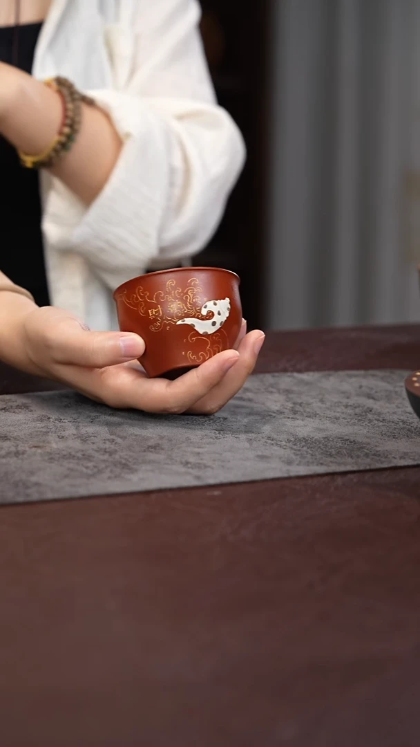 茶杯紫砂朱泥 泥绘海螺 主人杯