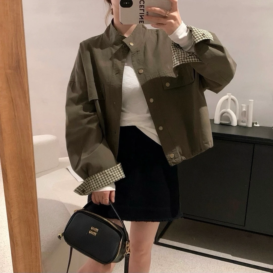 2025韩系立领短款工装外套秋季宽松百搭袖口格子拼接夹克上衣9801