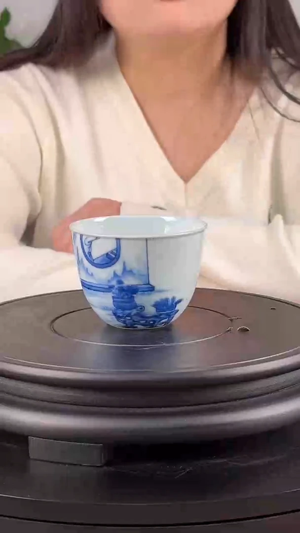 杯子陶瓷龙塘山房《三娘教子》青花陶瓷单杯