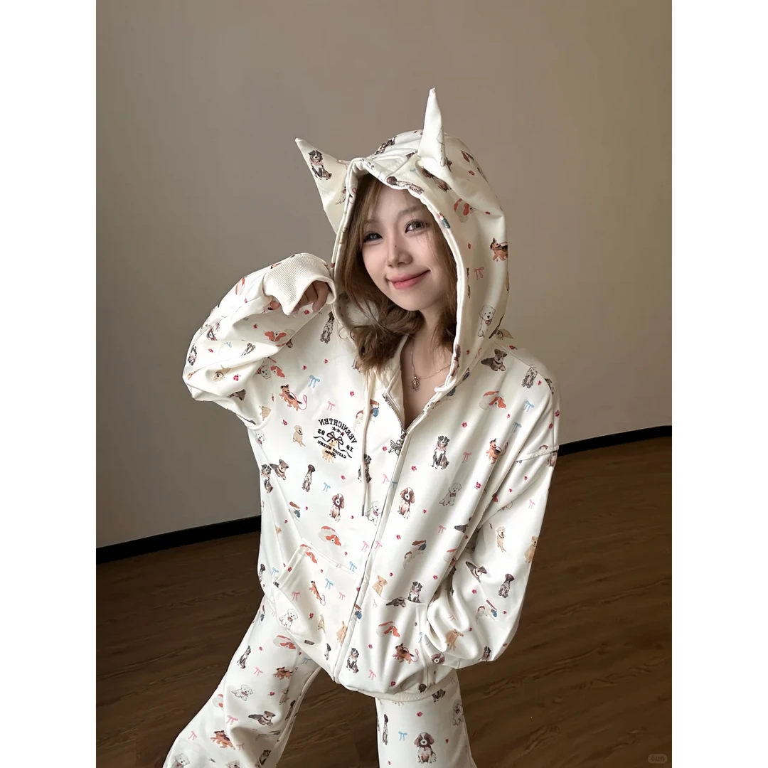 可爱复古小狗印花设计感连帽卫衣睡衣女早秋新款喇叭裤家居服套装