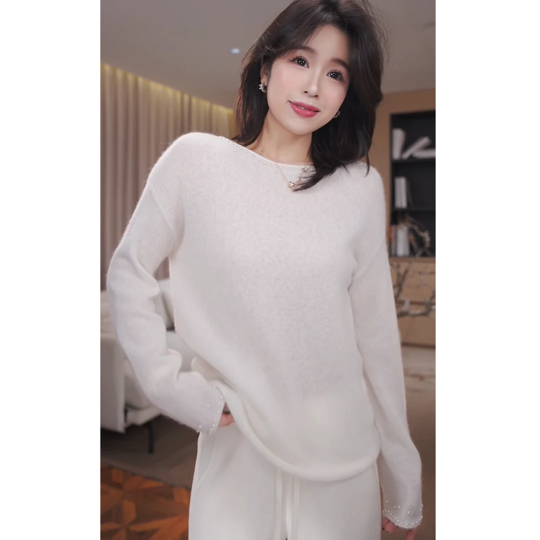 广州琴姐【暖调序曲】绵羊毛羊驼毛珍珠圆领毛衣女白色针织秋冬7573