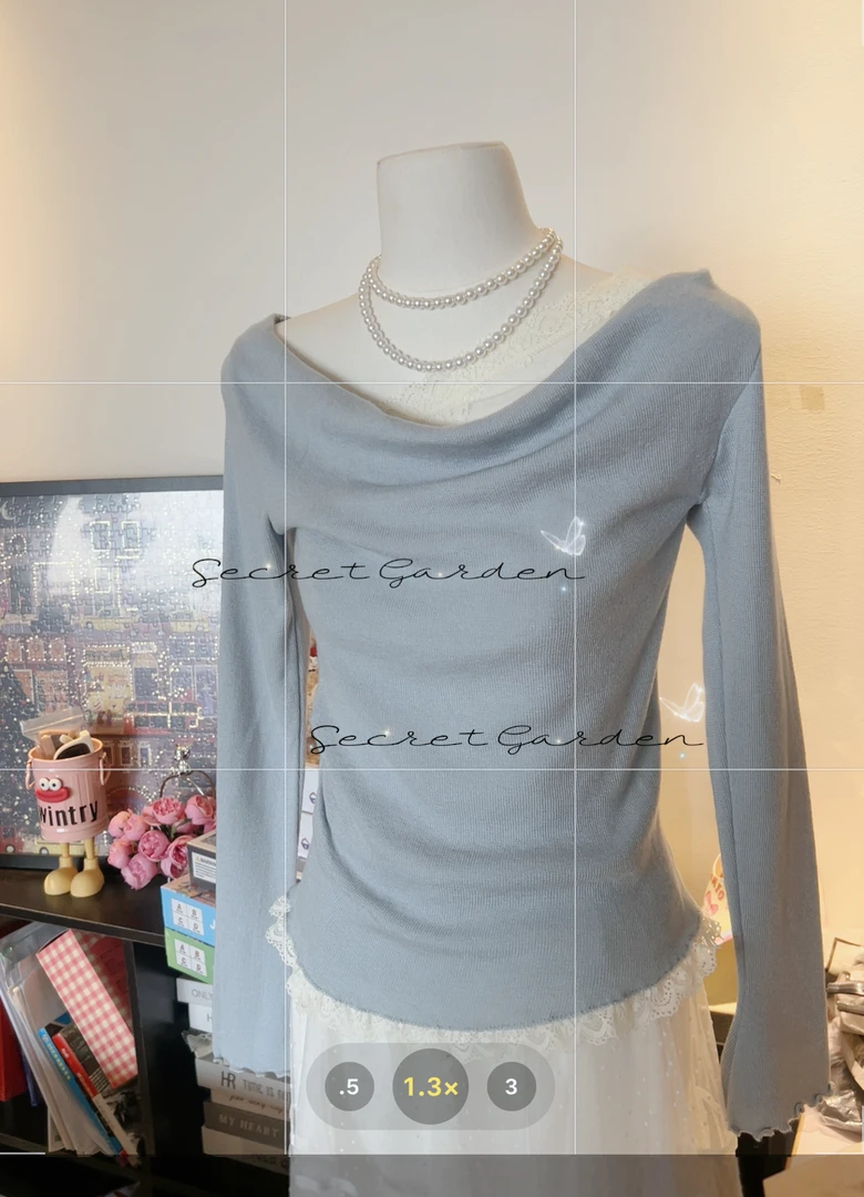 蕾丝拼接荡领长袖春季新款修身内搭针织衫