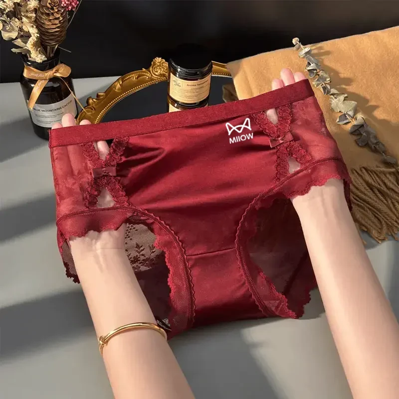 猫人本命年红色蕾丝内裤女款中腰收腹裤棉质抗菌裆无痕提臀塑身裤