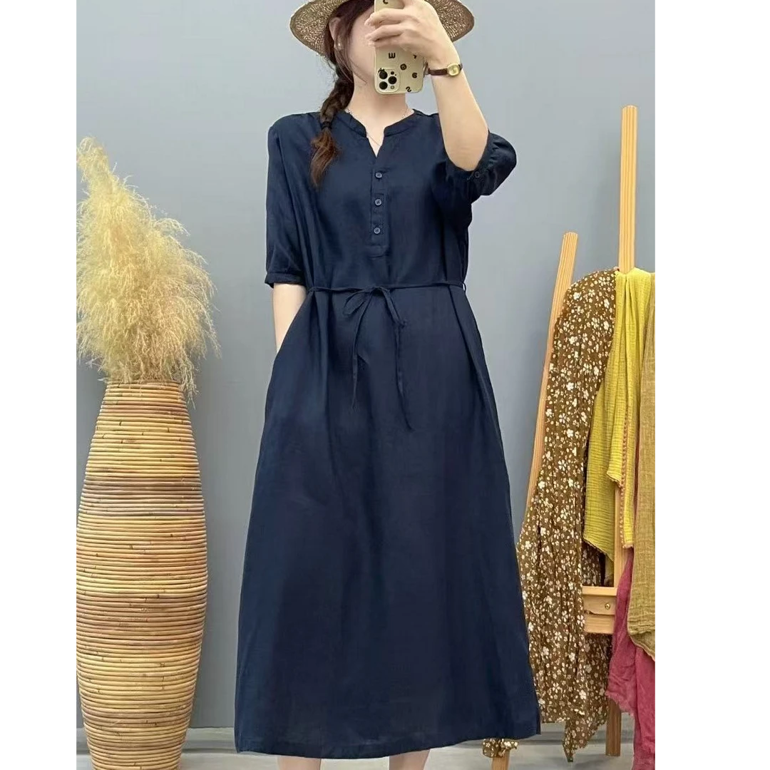 【100%纯亚麻】文艺V领A版显瘦腰带休闲文艺气质舒适透气连衣裙