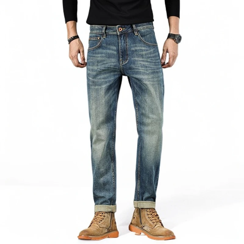 2025新款14盎司赤耳丹宁重工水洗时尚潮流百搭小直筒男士牛仔裤子