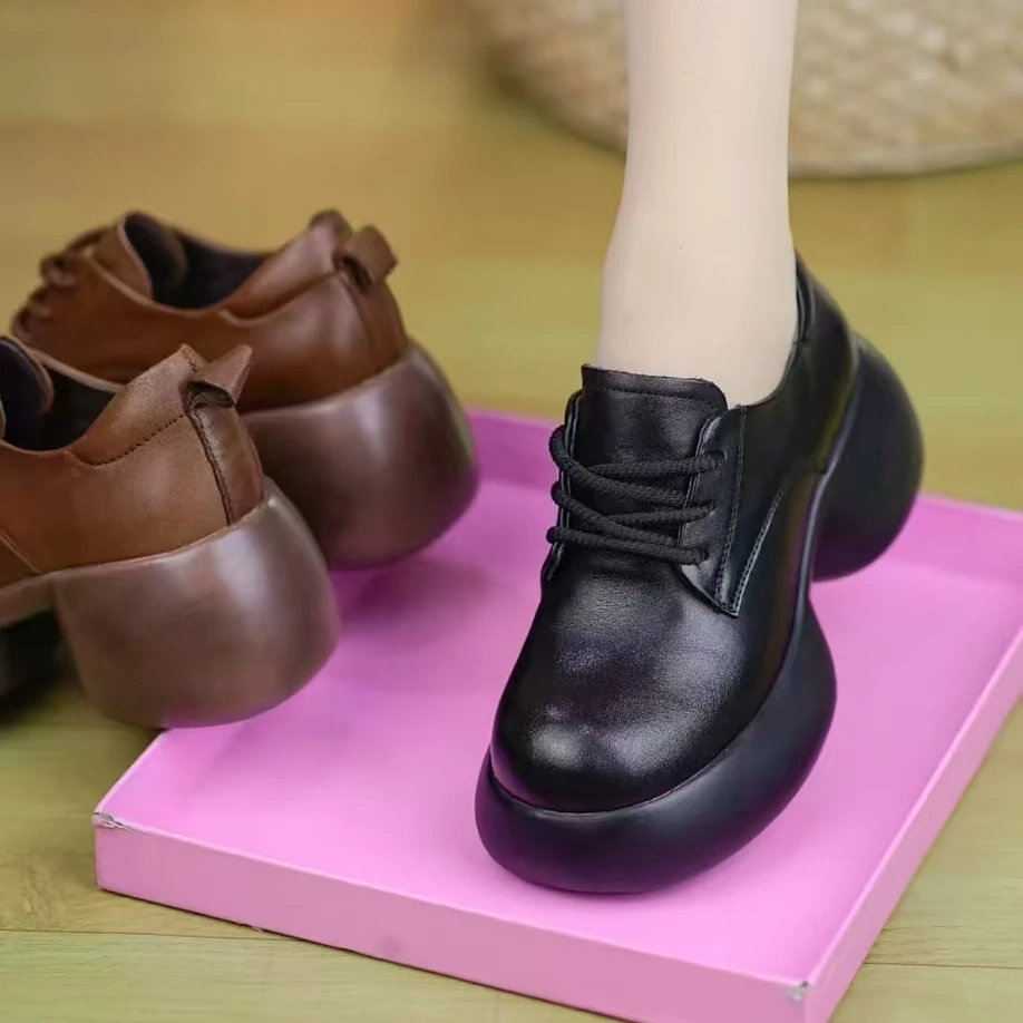 RY9898真皮小皮鞋女2025年春季新款小个子厚底一脚蹬系带软底单鞋