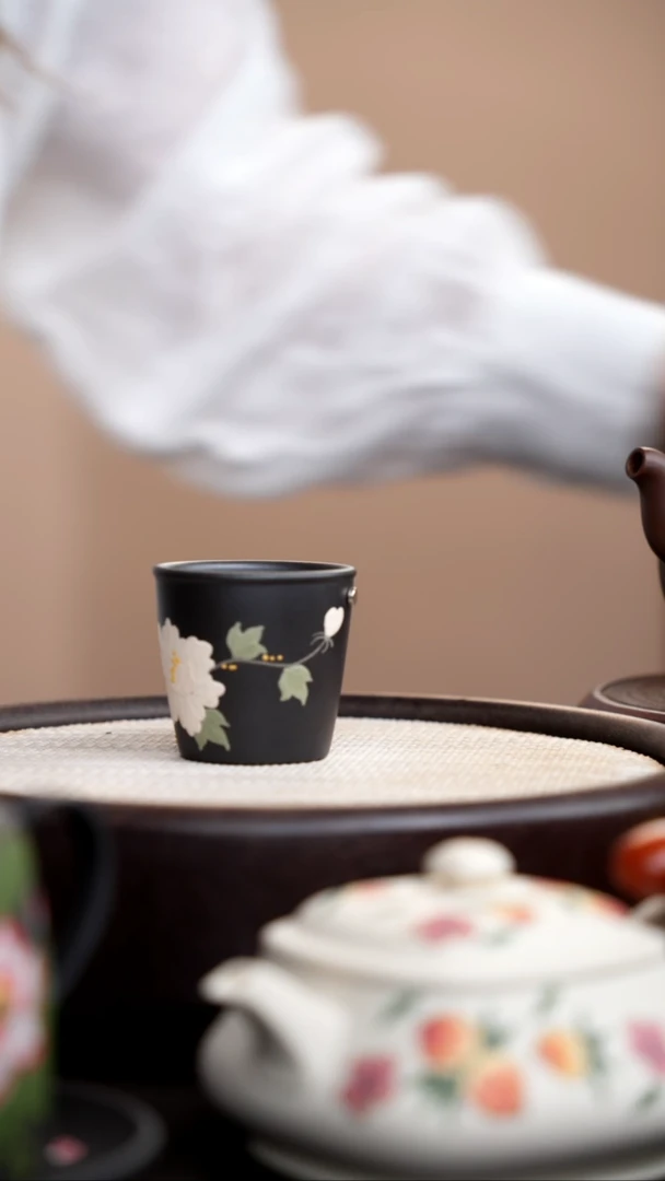 茶壶紫砂石黄直口杯白牡丹