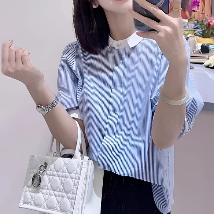 7716条纹短袖衬衫法式韩系设计感夏季新款宽松上衣显瘦百搭衬衣女