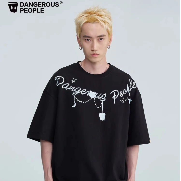 Dangerouspeople薛之谦dsp链条字母印花T恤时尚潮流落肩宽松短袖