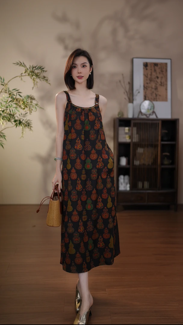GONG QUE【宝葫芦】新中式桑蚕丝香云纱双面穿吊带连衣裙 243004