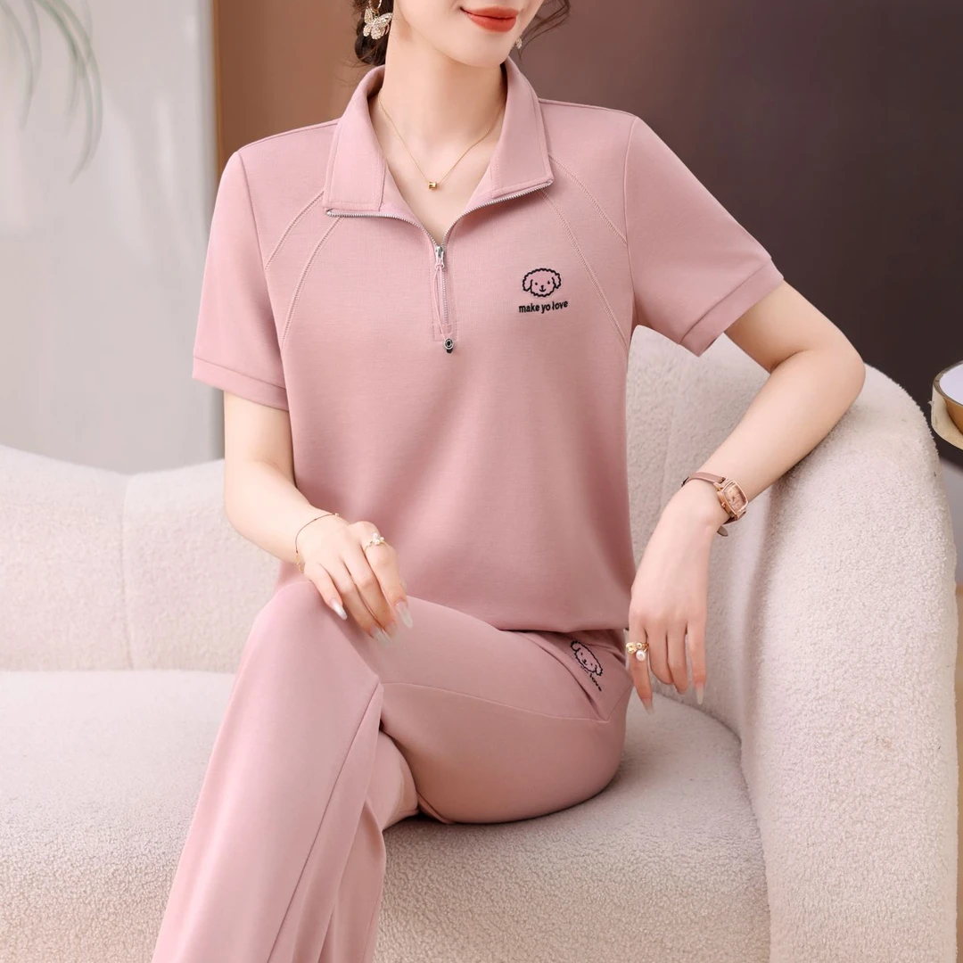 妈妈夏装套装休闲减龄T恤运动服2025新款中老年夏季短袖polo衫