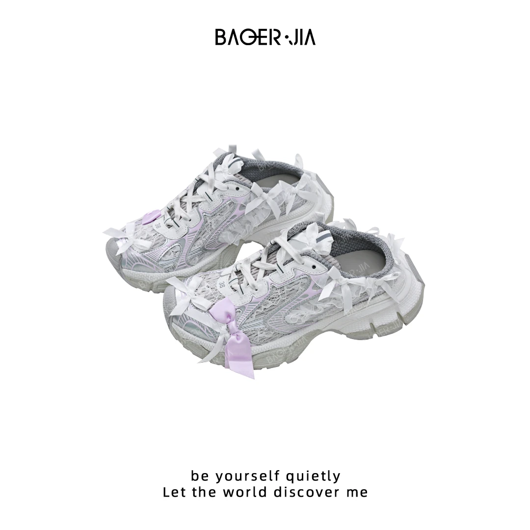 5-【健步如飞】宝儿家含幂BM29725204XQ夏季款缎面蕾丝蝴蝶结老爹鞋