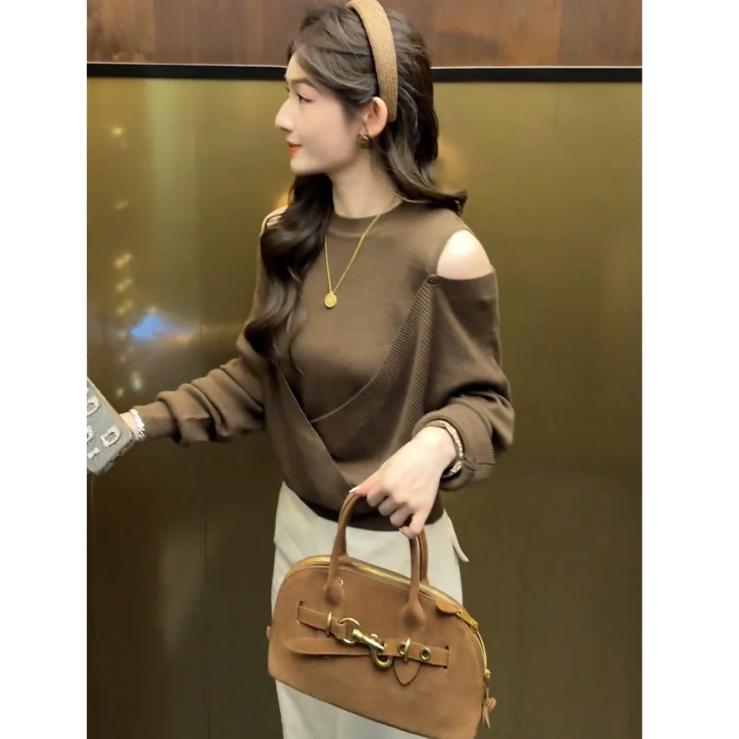 欧货镂空漏肩假两件针织衫女2025秋季复古时尚设计感蝙蝠袖打底衫