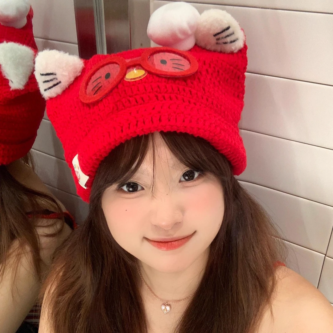 可爱眼镜Kitty猫针织帽子女秋冬甜美显脸小套头帽保暖红色毛线帽
