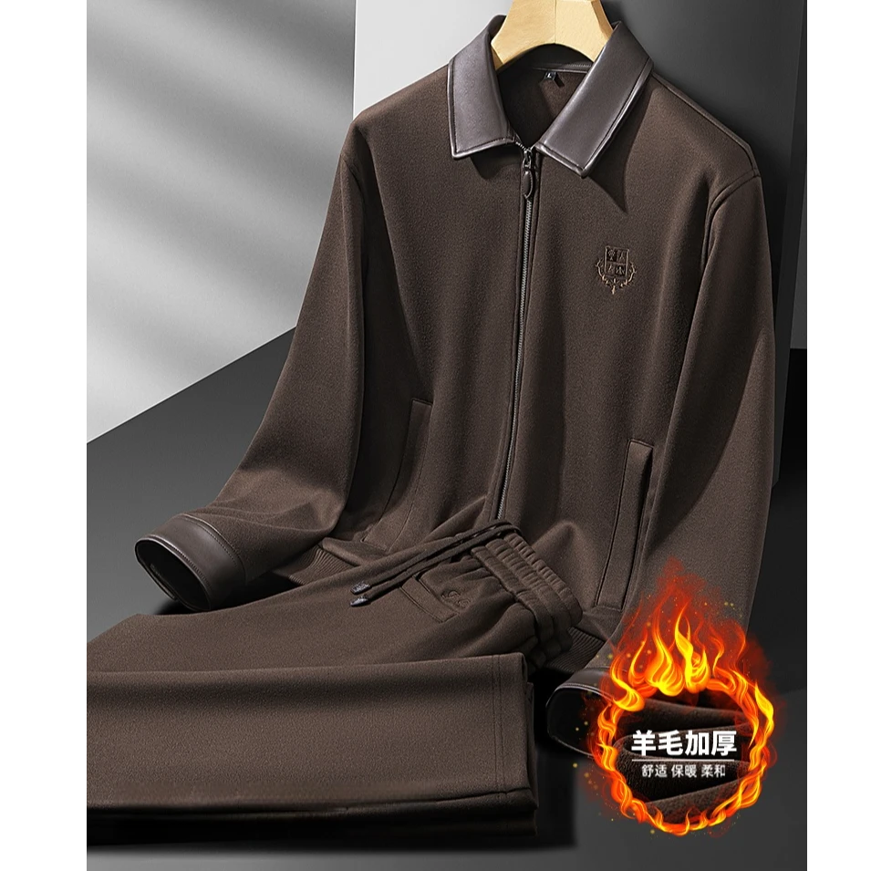 高端加厚羊毛呢休闲运动套装男士秋冬拼接翻领老钱风外套两件套男
