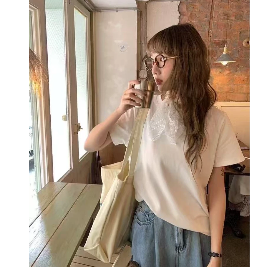 格子推荐~春季新款韩系简约甜美短袖T恤配蕾丝2668