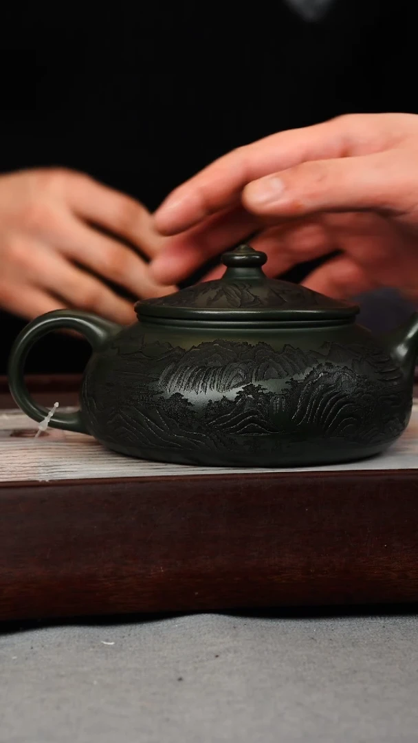 【闪购商品】紫砂茶壶老墨绿 寒江 山水