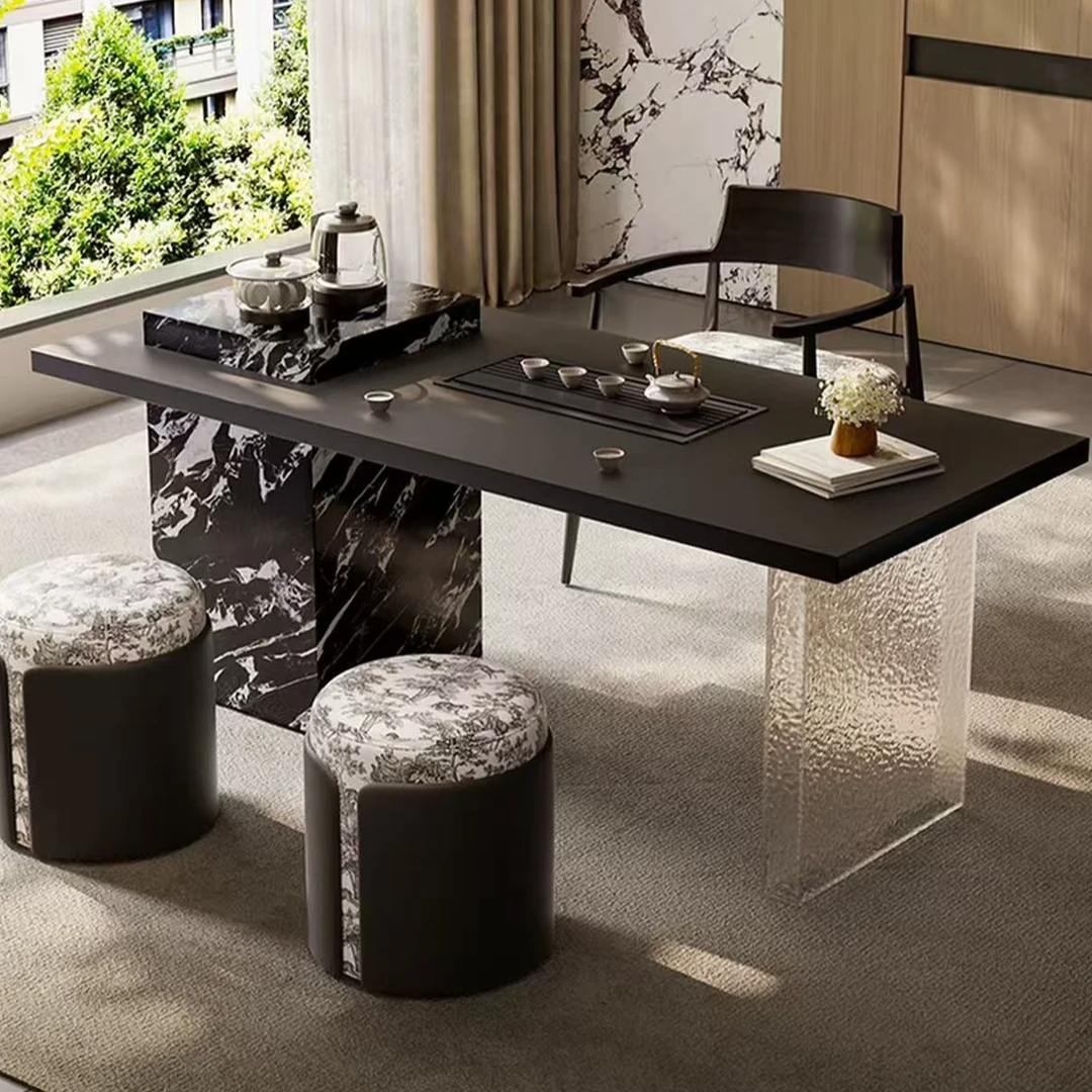 意式岩板茶桌椅组合家用办公室轻奢高级感亚克力小户型阳台泡茶桌