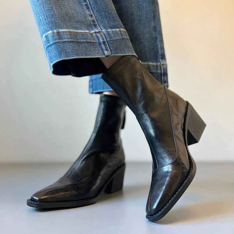 羊皮版~复古方头粗跟短靴女真皮拼接切尔西靴百搭时尚黑色马丁靴