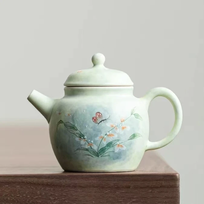 文心兰-茶壶 水彩风手绘中式陶瓷泡茶壶手工家用蝶恋花水平壶茶具