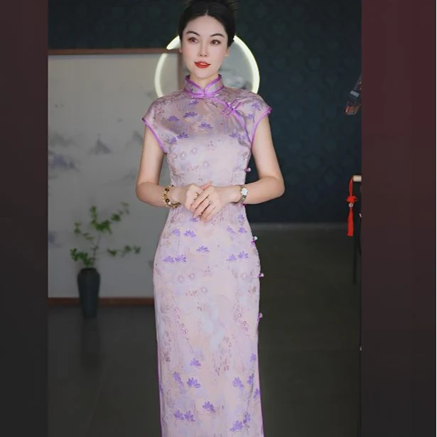 新款高端紫色修身显瘦复古中式国风旗袍优雅气质旗袍苏州旗袍