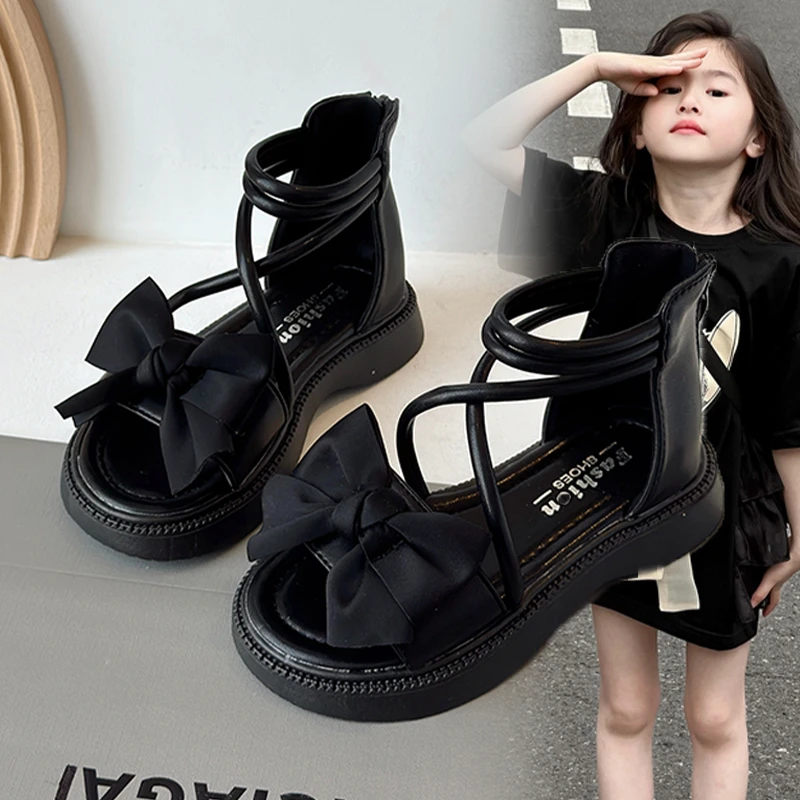 女童凉鞋夏季2025新款儿童软底时尚公主风中大童蝴蝶结学生小女孩