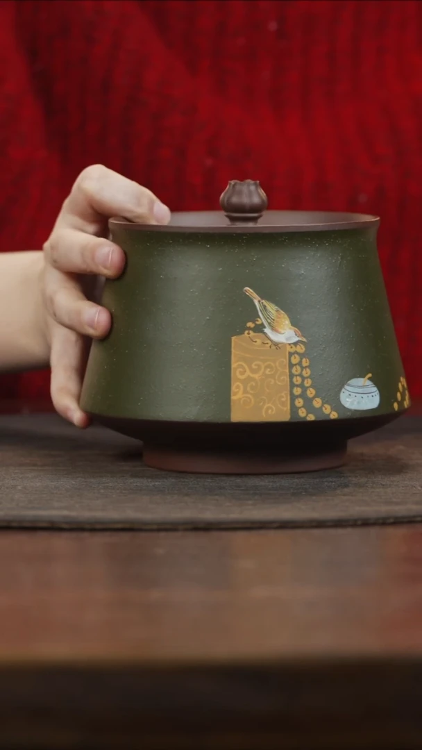 【闪购商品】紫砂茶叶罐莲花钮绿泥泥绘小鸟茶叶罐