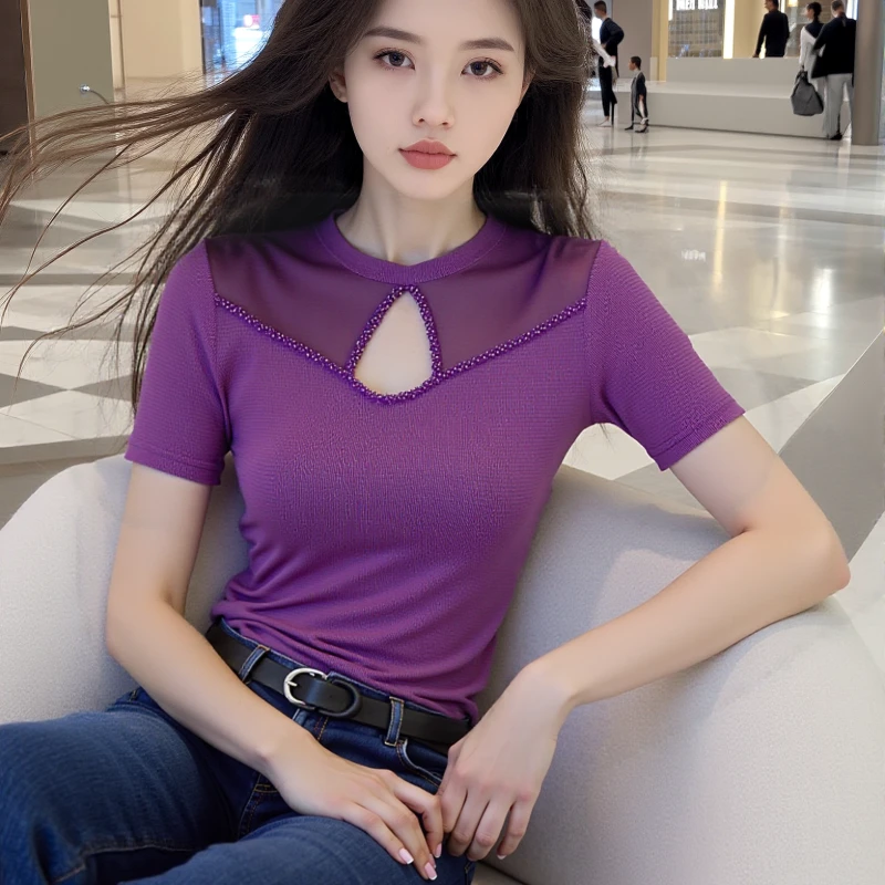 YH#圆领短袖镂空手工钉珠网纱拼接T恤女时尚修身打底衫DY14035