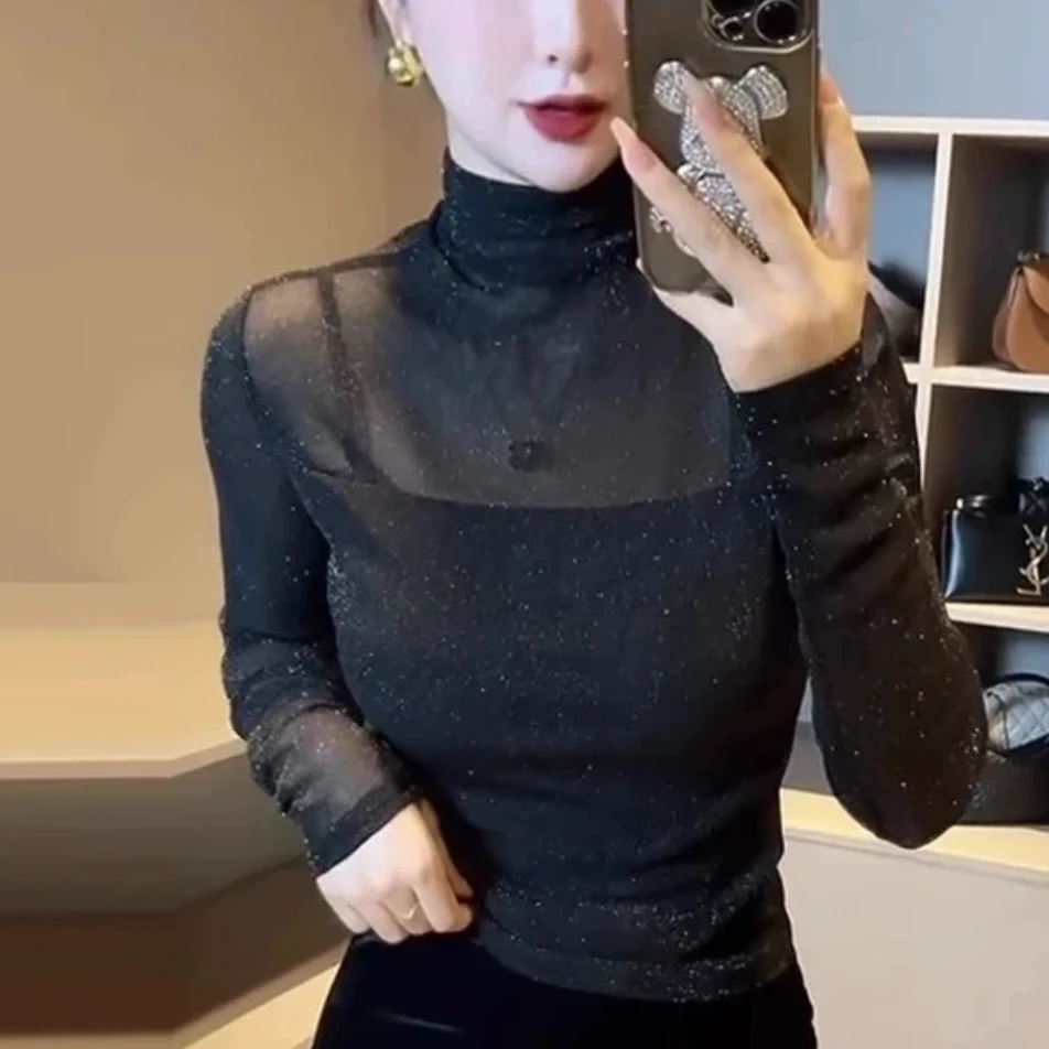 亮片网纱半高领打底衫女2025春秋新款修身洋气内搭长袖T恤上衣