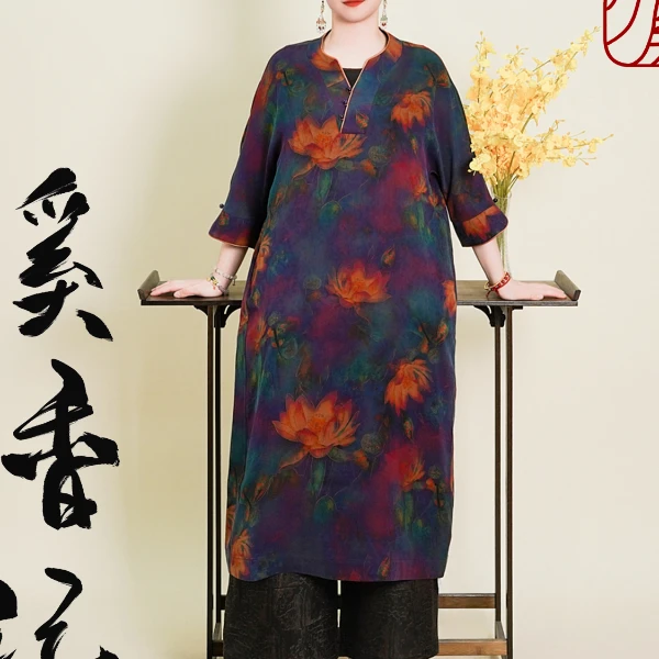 【莲馨】2025年新款100%桑蚕丝V领新中式国风袍子