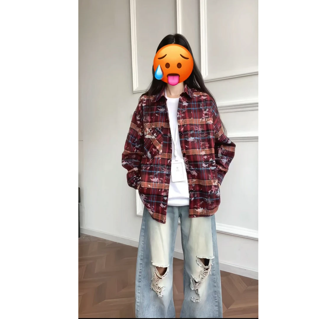 扎染格子长袖衬衫男女秋季宽松oversize日系复古外套vintage衬衣