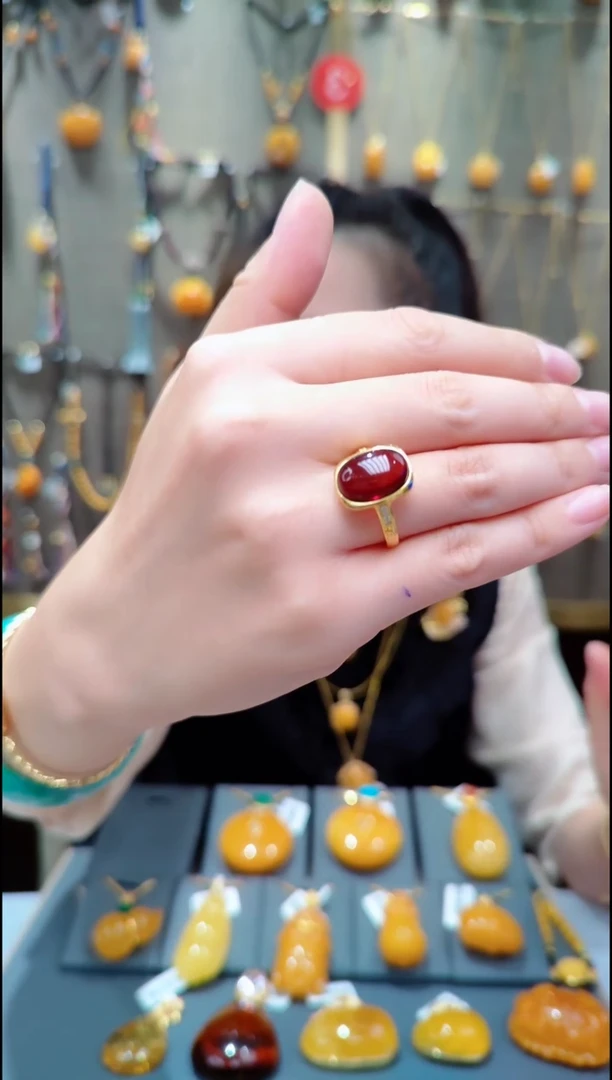 琥珀银S925镀金镶嵌珠宝奇石﹣A534琥珀戒指