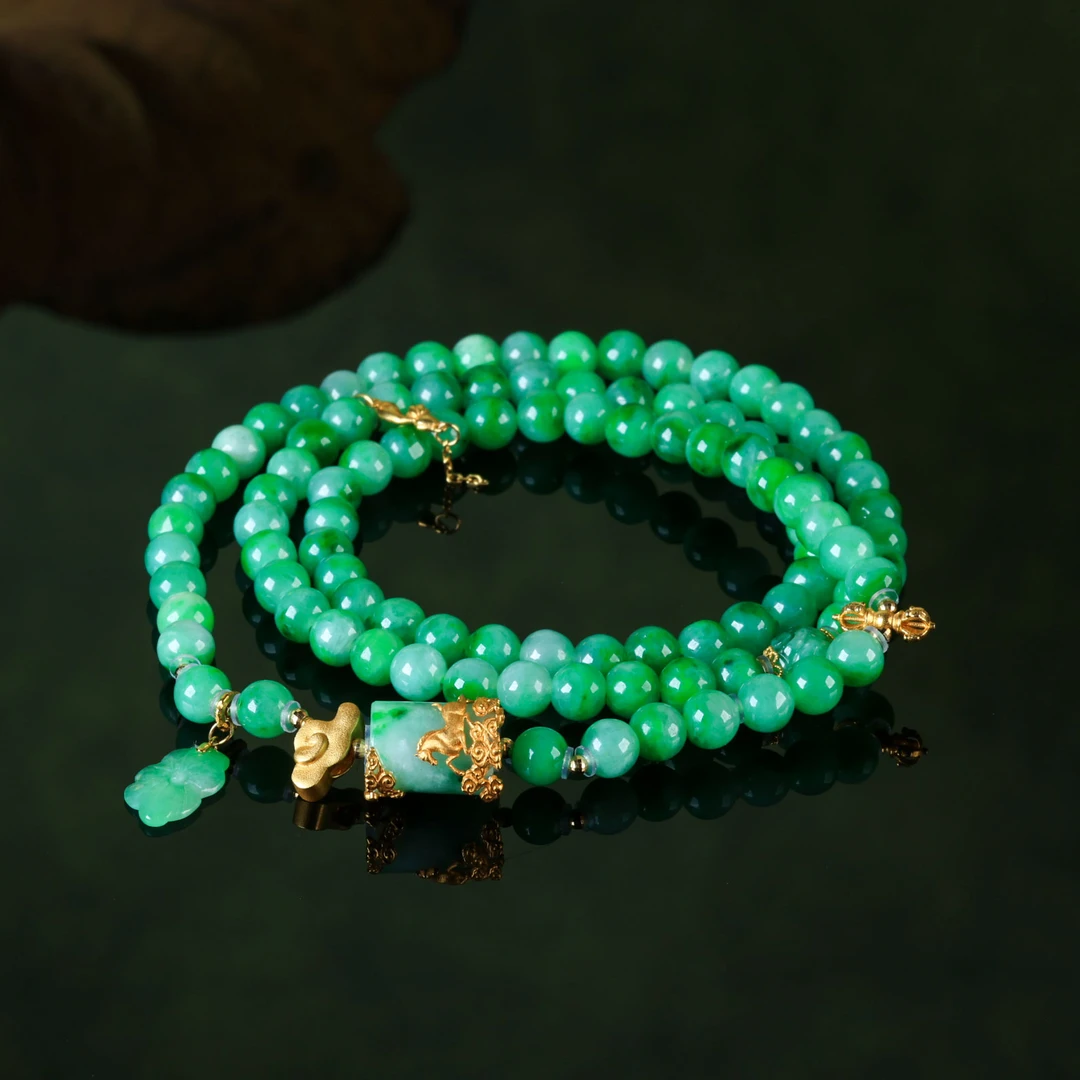【意婵】《时空意境》18K金天然缅A辣阳绿翡翠多圈手串-917245