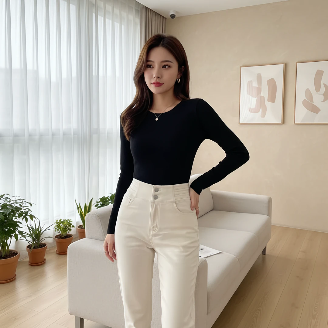 H1185 加厚薄绒98棉高腰修身两粒扣小脚裤磨白色水洗牛仔裤带口袋